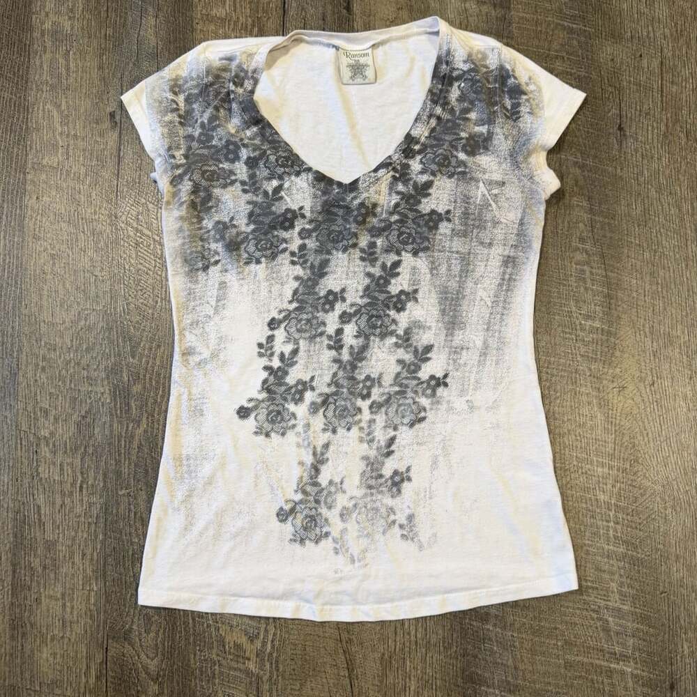 Ransom Y2K Vintage Floral Graphic Print V-Neck Short Sleeve T-Shirt